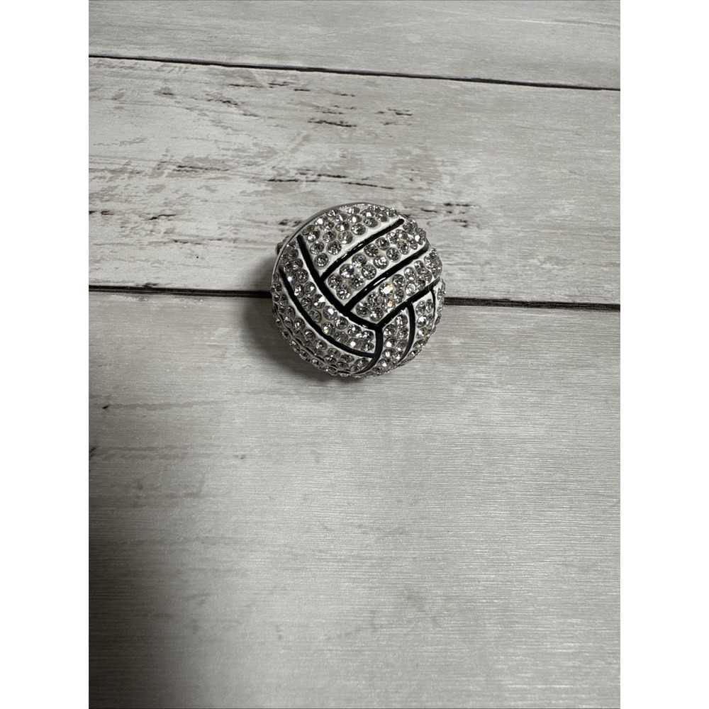 Volleyball Stretch Ring Small One Size Rhinestone Encrusted Dome Silver